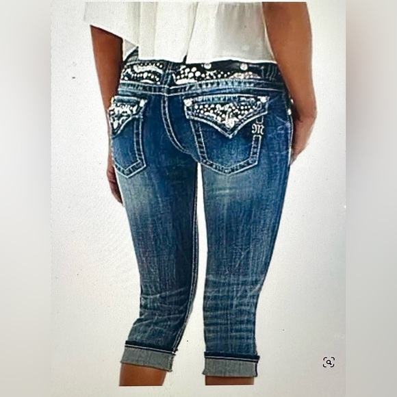 Miss Me Womens Cuffed Capri Jeans Size 29 Flap Pocket Bling Rhinestone Cropped - Picture 2 of 14